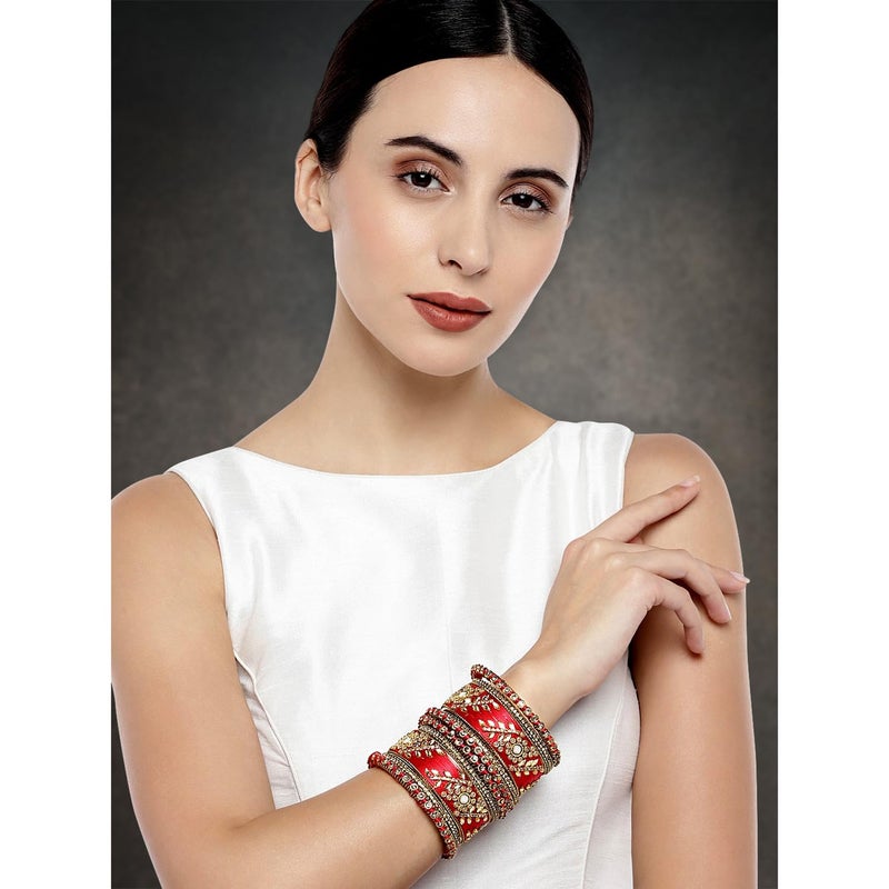 Aheli Traditional Wedding Designer Silk Thread Faux Stone Studded Bridal Bangle Set Chuda Indian Ethnic Bollywood Fashion Jewelry Gift for Women (Red) - Image 2